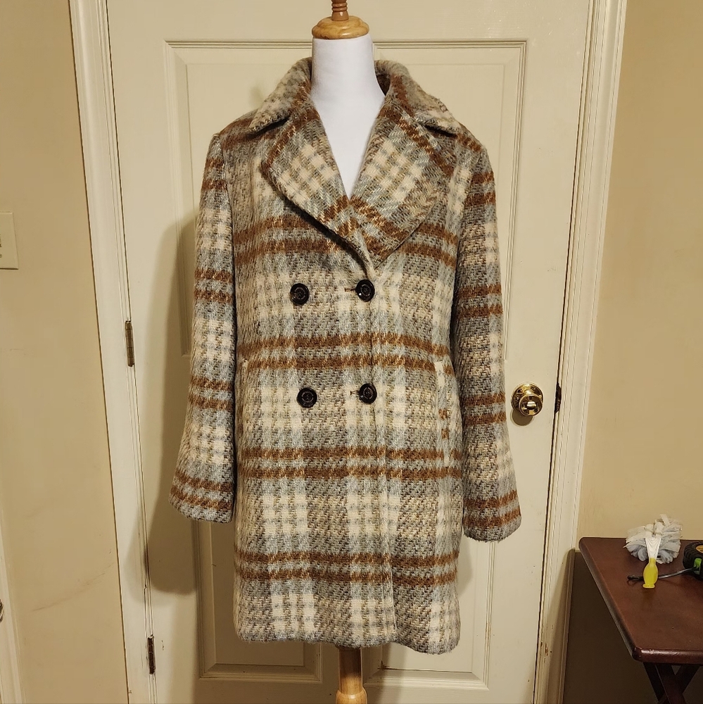 Sam Edelman Brown and Cream Plaid Pea Coat